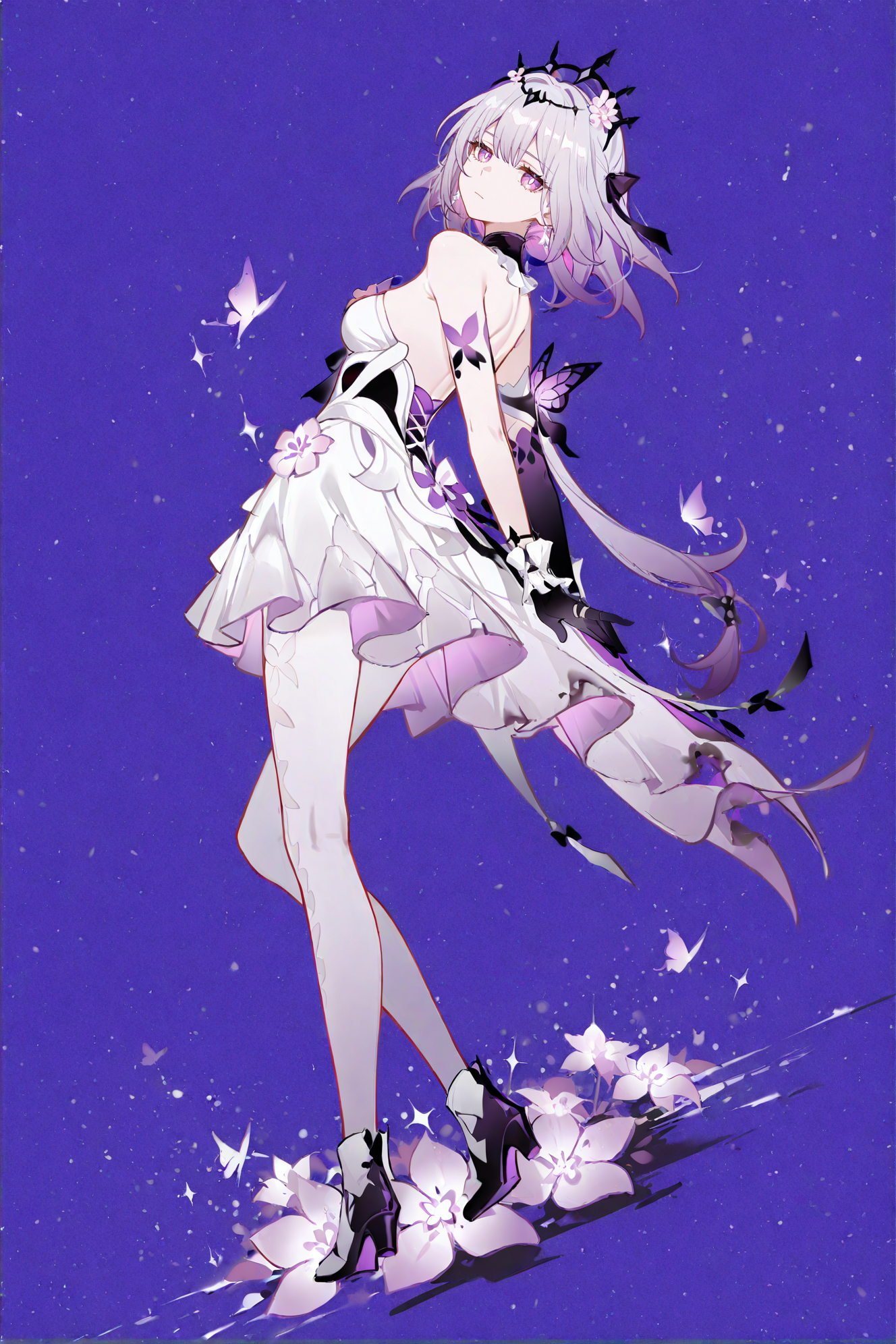masterpiece,best quality,good quality,very awa,very aesthetic,absurdres,newest,solo,jitome,big eyes,looking at viewer,simple background,1girl,flower,butterfly,full body,monochrome,looking back,purple background,female focus,purple theme,Background Segmentation,Dutch Angle,<lora:ponyv6_noobV1_2_adamW-000017:0.8>,<lora:USNR_STYLE_XL_lokr:0.45>,<lora:mengxuanliart:0.65>,
<lora:Castorice-IL-Tanger-000014:0.8>,
Castorice \(honkai: star rail\),clothes: Castorice  def  white dress,black tiara,1girl,purple eyes,purple hair,bangs,black gloves,white pantyhose,