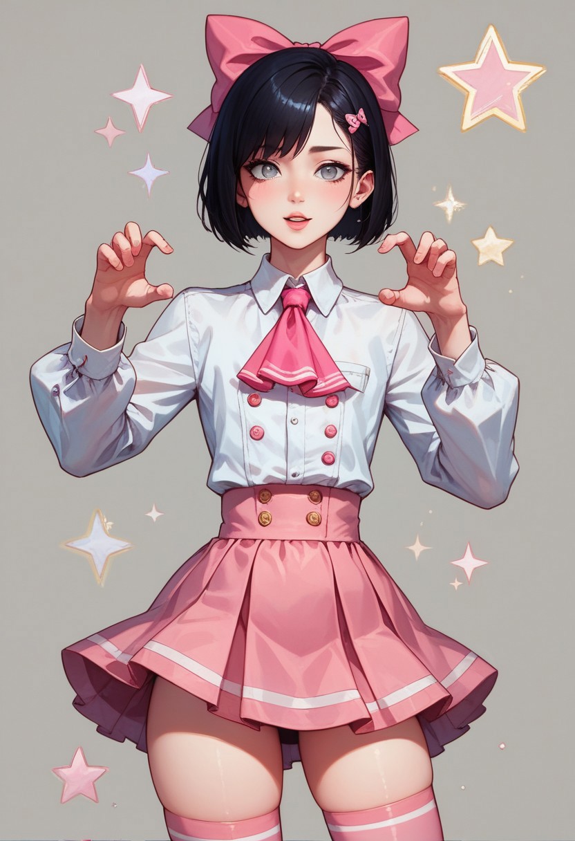 score_9, score_8_up, score_7_up, 1boy, femboy, otoko no ko, short hair, bob cut hair, black hair, grey eyes, gray eyes, feminine face, toned body, Shelly, white shirt, long sleeves, buttons, ascot, pink mini skirt, pink mini-skirt, thighhighs, pink thighhighs, hair bow, highly detailed, intricate, zzCitronCAT, cute pose, modelshoot, abstract background, cowboy shot, solo