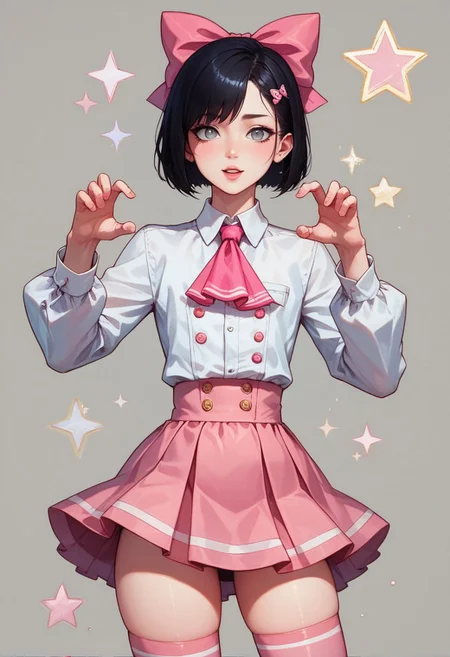 score_9, score_8_up, score_7_up, 1boy, femboy, otoko no ko, short hair, bob cut hair, black hair, grey eyes, gray eyes, feminine face, toned body, Shelly, white shirt, long sleeves, buttons, ascot, pink mini skirt, pink mini-skirt, thighhighs, pink thighhighs, hair bow, highly detailed, intricate, zzCitronCAT, cute pose, modelshoot, abstract background, cowboy shot, solo