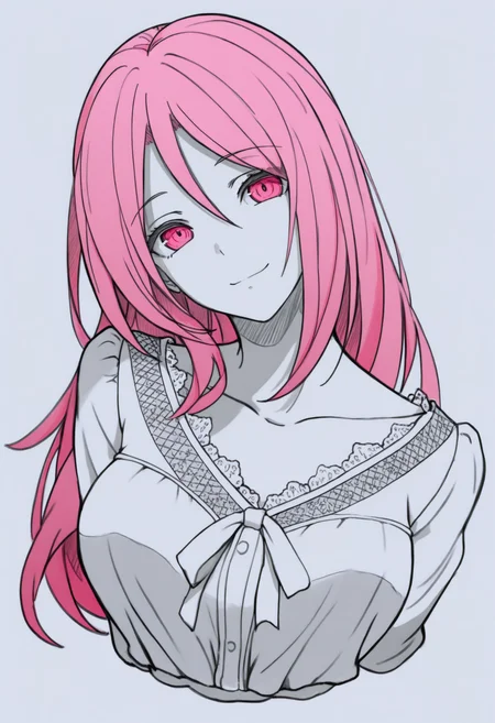 masterpiece, best quality, 1girl, solo, M0moiS4tsuki, pink eyes, pink hair, long hair, hair between eyes, blouse, collarbone, spot color, greyscale, monochrome, lineart, sketch, graphite \(medium\), traditional media, cropped torso, looking at viewer, smile, head tilt, three quarter view, <lora:ChamMomoiSatsukiNoob:1>