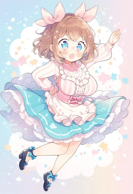 score_9, score_8_up, score_7_up,
masterpiece, best quality, detailed, amazing quality,
detailed background, stripes, stars, pastels, pastel colors, pillows,
dynamic pose, full body,
detailed face, detailed eyes, clean eyes,
solo, 1girl, woman, blue eyes, short hair, brown hair, messy hair, curvy, wide hips, big breasts, chubby, 
cute dress, frilly, bow, headbow, huge bow,
easynegative