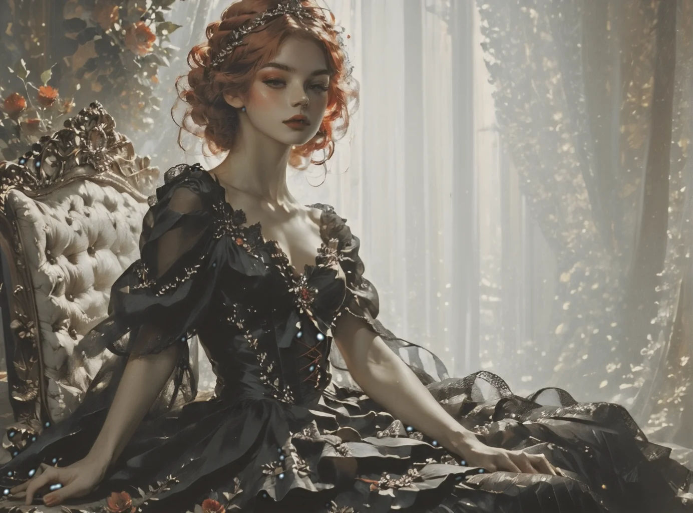 score_9, score_8_up, score_7_up, Environmental scene, character off to side, sitting in repose enjoying the view, 1girl, pale skin, medium breasts, <lora:sm0k3XLP:1>, <lora:goth_clothes:1>, lollita dress, black dress, lollita, red details, Shoulder length hair, unnatural haircolor, <lora:Our_Muted_Future_Style:1>, <lora:vivid_everclear:1>,