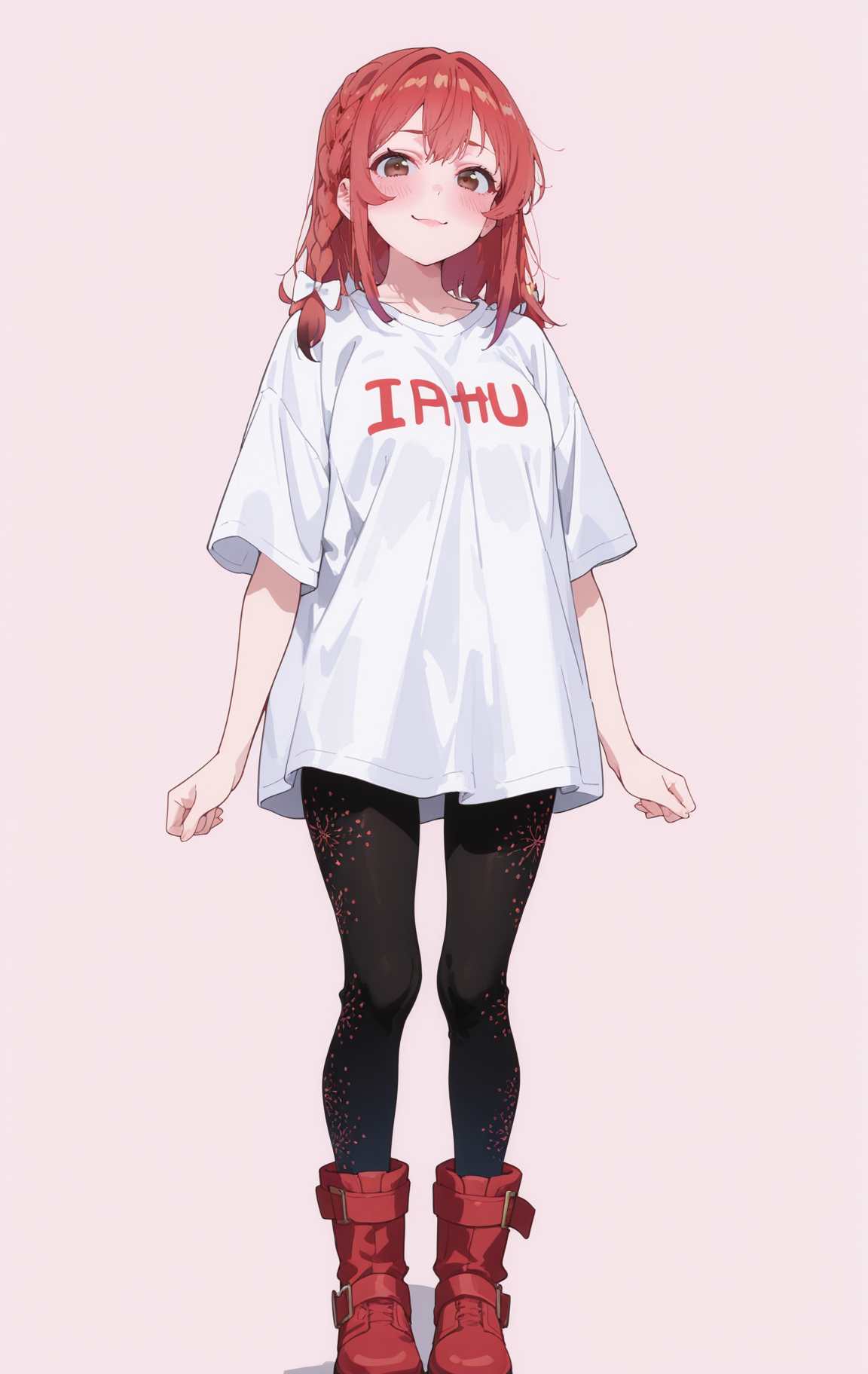 masterpiece,best quality,newest,absurdres,highres,
front view,full_shot,Sarcastic smile,looking_at_viewer,
<lora:SakurasawaSumiCYQL:1>,SakurasawaSumiCYQL,1girl,solo,red hair,braid,single braid,hair bow,brown eyes,blush,Neon leggings, oversized t-shirt, chunky boots,
full body,standing,hands_on_own_face,,
khaki background,simple background,
<lora:spo_sdxl_10ep_4k-data_lora_webui:0.5>,<lora:illustrious_all_rated_v1:0.6>,<lora:748cmSDXL:0.8>,748cmstyle,<lora:DarkerThanBlackIllustrious:0.5>,<lora:EtherSDXL:0.5>,EtherStyle,,