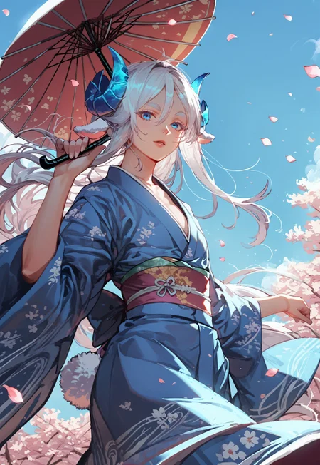 score_9, score_8_up, score_7_up, anime, best quality, 1boy, white hair, sky blue eyes, long eyelashes, white eyelashes, light skin, flat chest, perfect face, detailed body, cute, small, jfcut, hair between the eyes, Circular eyebrows, side-parted hair, small crystal horns, sky blue horns, fluffy sheep ears, white sheep ears, long dragon tail, long hair,,
,
dynamic pose, expressive, dynamic pose, dynamic angle, volumetric lighting, cinematic lighting,
,
,
kimono, holding umbrella, cherry blossom, looking at viewer, petals falling,