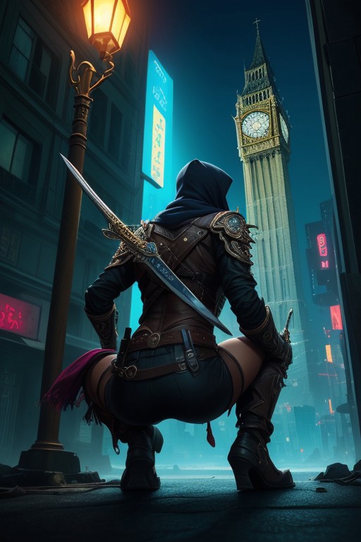 (ultra high res:1.4), (masterpiece), (beautiful lighting:1.4) , raw movie poster, (masterpiece, best quality:1.5), Assasin, A closeup of fantastical image of a assasin false glory, darkness of night fall, Their filled with power and determination, clad in flowing, flowing scarf, wielding an scarf ornate, scarf ornate, as they wield the scarf n a fluid, sword carried behind the body, squatting on the roof of the clock tower building like an assassin, sitting squatting pose, hands touch the ground, squatting all four, action pose, clock tower, from behind view, cyberpunk city, neon city, skindentation, glowing, shiny, scifi, neon lights, intricate artistic color, cinematic light, radiant, vibrant, perfect symmetry, Grayscale, Dramatic spotlight, highly color focused, dynamic motion, very dark,