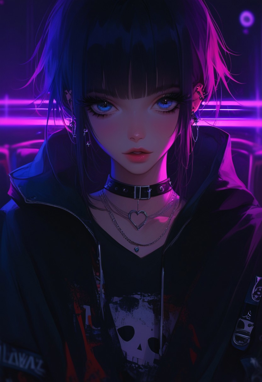 score_9, score_8_up, score_7_up, score_6_up,score_5_up, score_4_up, aesthetic, newest, depth of field, (dramatic lighting), masterpiece, best quality, aesthetic, 1girl, solo, emo style, cute face, beautiful girl, kawaii, bangs, black hair, long eyelashes, petite body, emo clothes style, punk style, semi-realism,