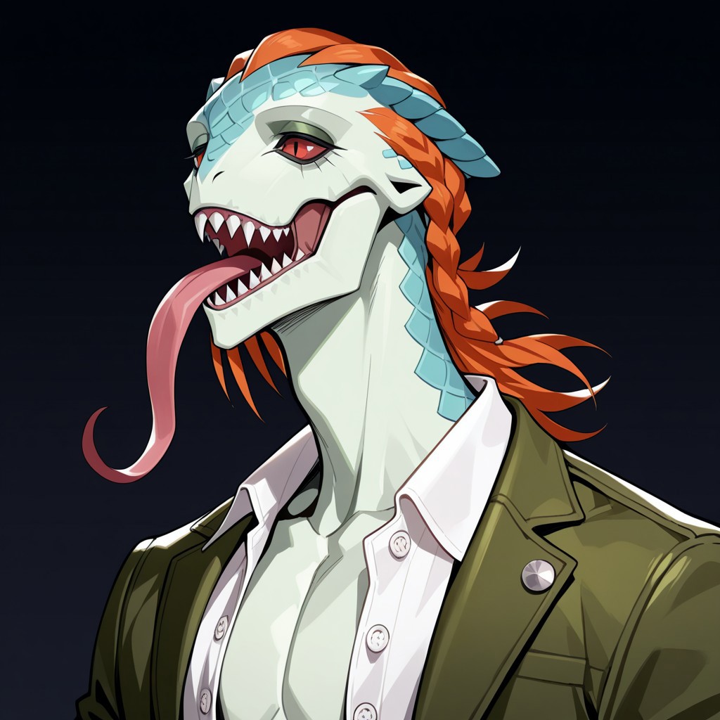 score_9, score_8_up, score_7_up, score_6_up, score_5_up, score_4_up, high quality, (detailed eyes:1.5), (detailed face), ((perfect face)), master piece, best high quality, ultra details, intricate details, male focus, detailed body, detailed background, perfect anatomy, masterpiece, high quality, best quality, amazing quality, very aesthetic, absurdres, (((portrait))), Evil Reptilian, Orange Hair, Blue Scales, Green Scales, Red Eyes, Green Jacket, White button shirt, open shirt, anthro lizard, long tongue, sharp teeth, mouth open