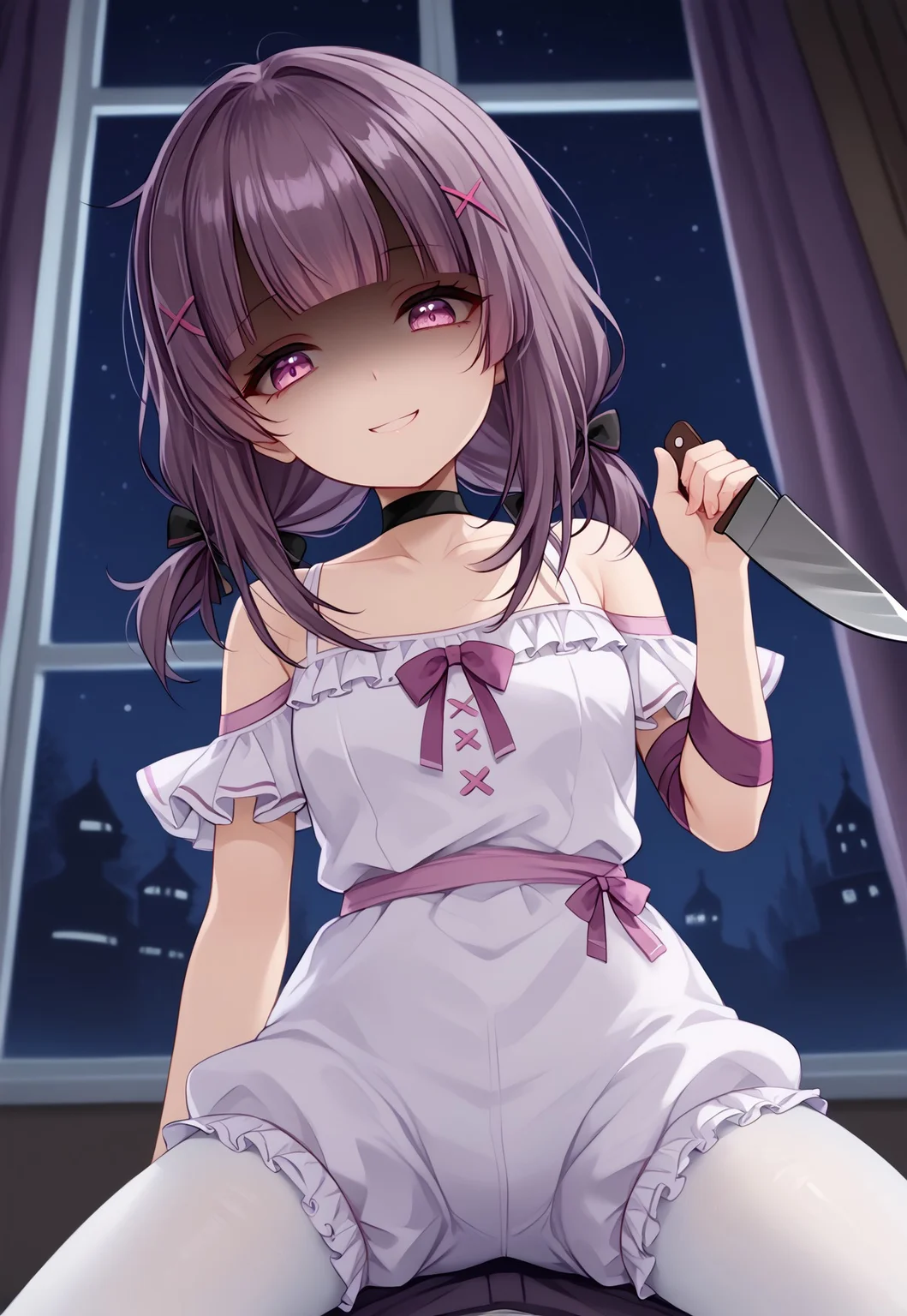 safe_pos, 1girl, solo, highres, Shondo2ndC, x hair ornament, twintails, long hair, pink eyes, brown hair, hair bow, hairclip, purple hair, medium hair, purple eyes, low twintails, blunt bangs, 

collarbone, pink ribbon, bare shoulders, ribbon, dress, bow, white dress, choker, frills, bloomers, arm ribbon, white pantyhose,

looking at viewer, yandere, shaded face, girl on top, pov, holding knife, knife, evil smile, hand up, from below, head tilt, straddling, cowgirl position,

indoor, window, night, night sky, dark, backlighting, silhouette,