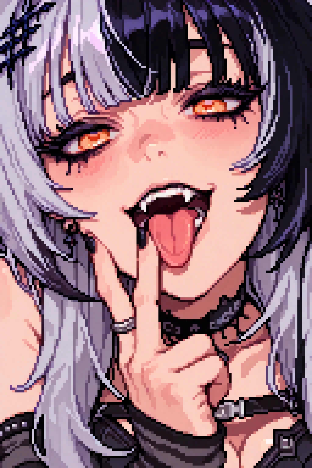 1girl, shiori_novella, hololive, black arm warmers, black choker, black hair, black nails, choker, close-up, fangs, grey hair, hair ornament, looking at viewer, multicolored hair, solo, split-color hair, striped arm warmers, teeth, tongue, tongue out, two-tone hair, virtual youtuber, yellow eyes
((masterpiece, best quality)), pixel_art, pixel, <lora:31pixpix_r1:1>, <lora:Semi-realism_illustrious:1>