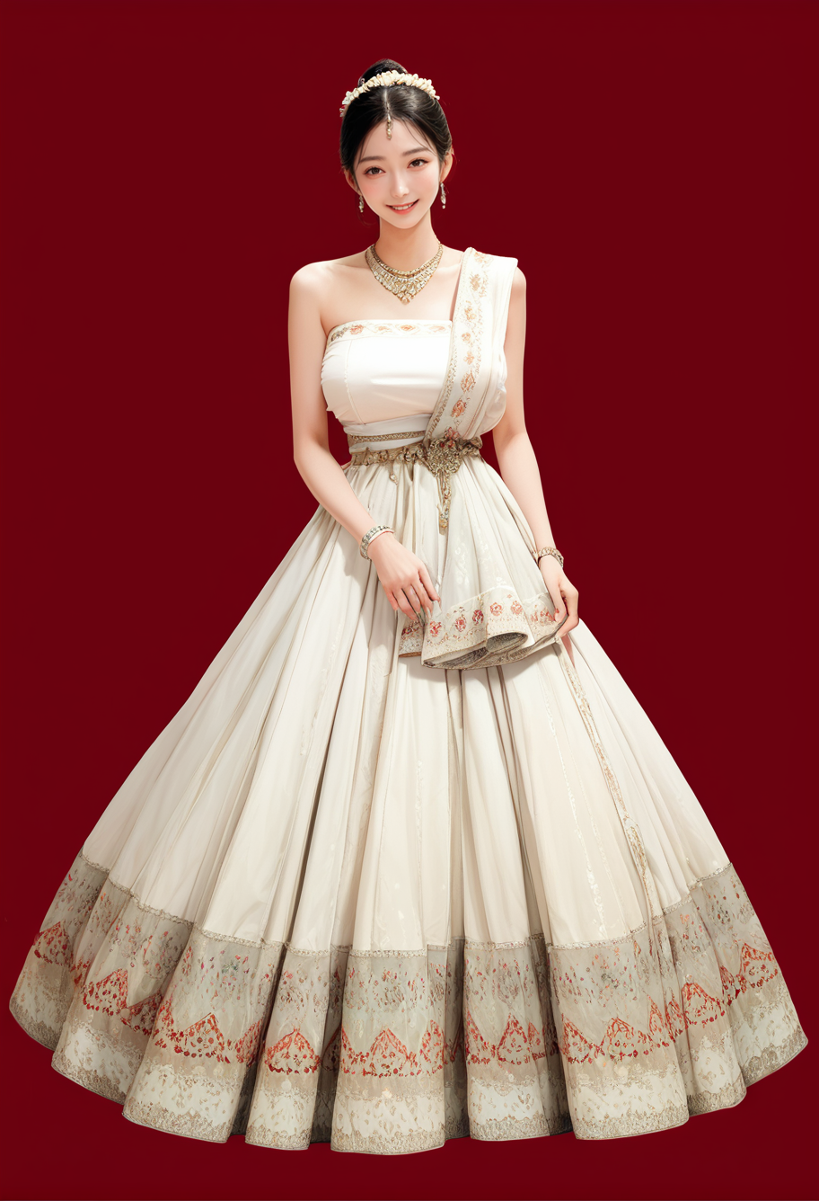 1girl,red background,,ruanyi1012,sari,dress,tube top,necklace,jewelry,bracelet,
full body,<lora:1012 traditional clothing 1_v1_pony:1>, score_9, score_8_up, score_7_up, score_6_up, score_9, score_8_up, score_7_up, score_6_up source_anime, blush, 1girl, seduce smile, perfect body , natural huge breasts