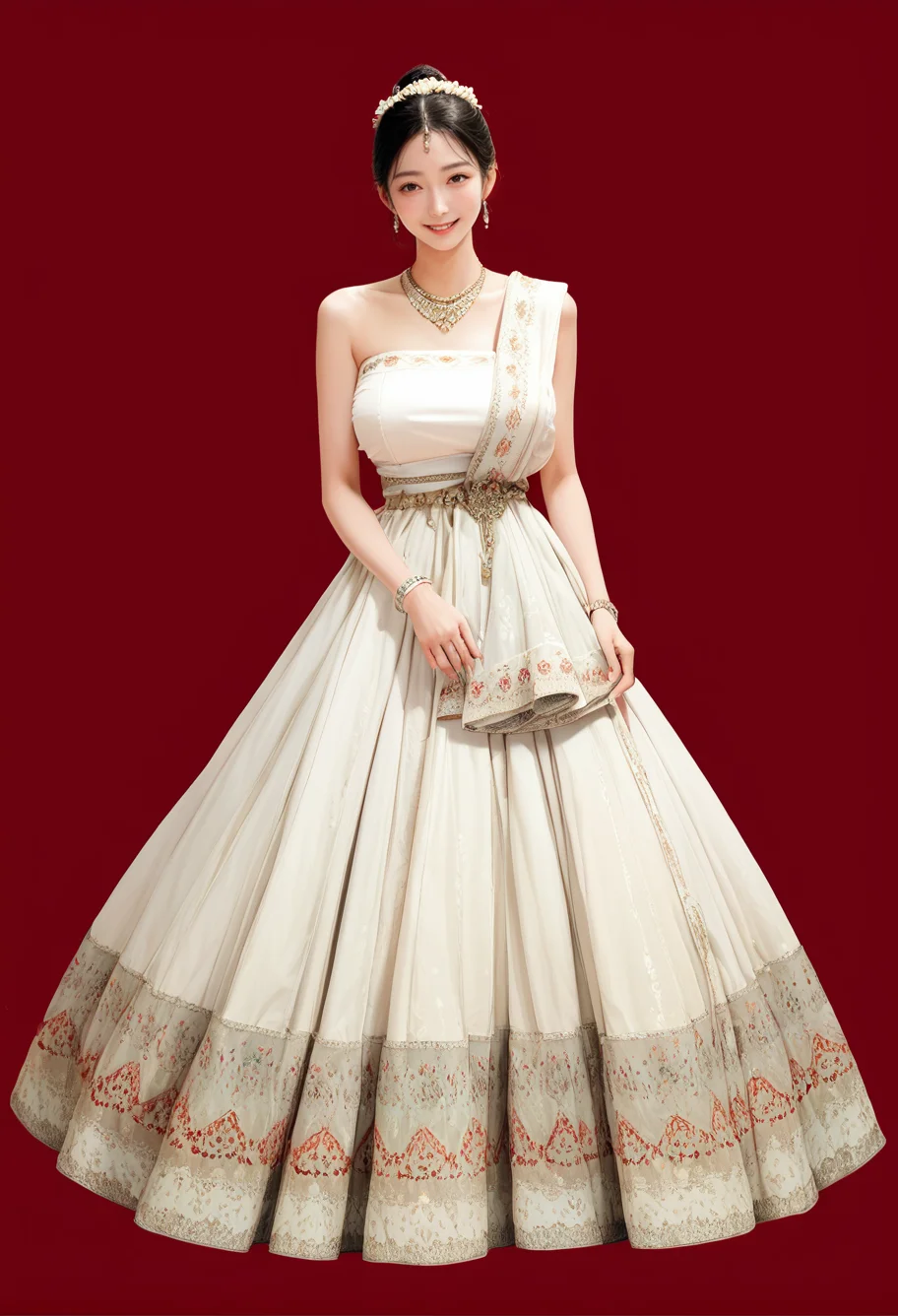 1girl,red background,,ruanyi1012,sari,dress,tube top,necklace,jewelry,bracelet,
full body,<lora:1012 traditional clothing 1_v1_pony:1>, score_9, score_8_up, score_7_up, score_6_up, score_9, score_8_up, score_7_up, score_6_up source_anime, blush, 1girl, seduce smile, perfect body , natural huge breasts