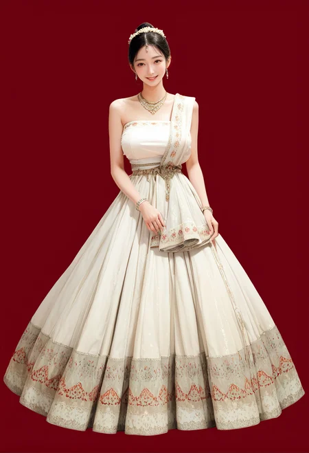 1girl,red background,,ruanyi1012,sari,dress,tube top,necklace,jewelry,bracelet,
full body,<lora:1012 traditional clothing 1_v1_pony:1>, score_9, score_8_up, score_7_up, score_6_up, score_9, score_8_up, score_7_up, score_6_up source_anime, blush, 1girl, seduce smile, perfect body , natural huge breasts