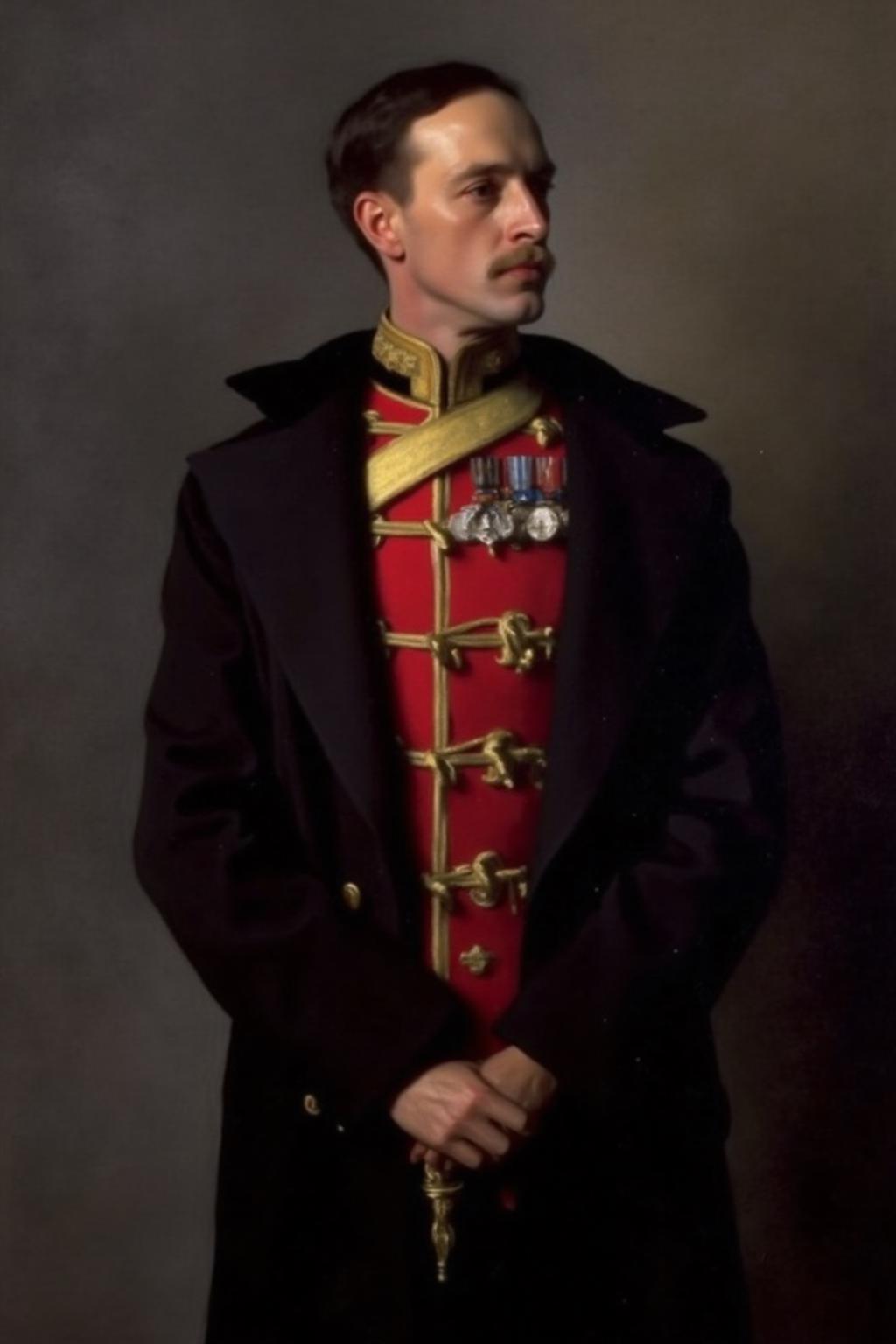 johnss1 painting.
a portrait of a man in a military uniform stands in front of a gray wall. The man is dressed in a black coat, adorned with a gold belt and a red coat. His coat is adorned with gold accents, adding a touch of contrast to his outfit. His hair is neatly combed, and he's looking off to the side. His expression is serious, as if he's concentrating on something. <lora:johnss2_cap_d6a3:1.0><lora:829184080051560516:0>