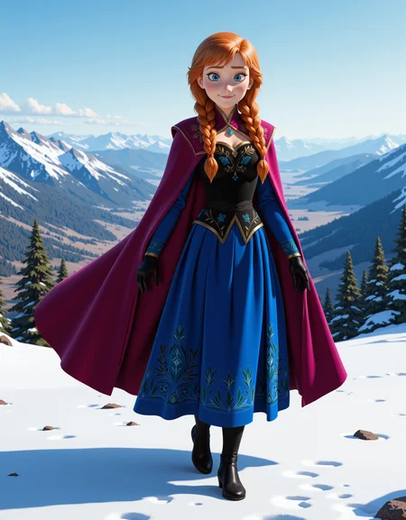 Semi-Realistic digital illustration Style in a wide shot. Looking at viewer, outdoors in daylight, adult body 25 year old woman, Melancholic with a distant stare, faint smile, and a sigh heavy with reflection.
<lora:Frozen_-_Anna_v2_000030:1> f-anna she has blue eyes, orange hair and a freckled face. strawberry-blonde hair in twin braids, wearing a deep magenta cloak lined with rich velvet, ornate Nordic embroidery on the hem, royal blue long-sleeved bodice with black front panel adorned with floral patterns, cobalt blue full skirt with dark teal floral motifs, fitted black gloves, warm dark tights, and black heeled boots with golden trim, standing in snow with hands visible, detailed Nordic-style design, full body, cinematic lighting
A woman stands on a mountain peak, the wind whipping through her hair as she looks out over the vast expanse of rolling hills and valleys below.