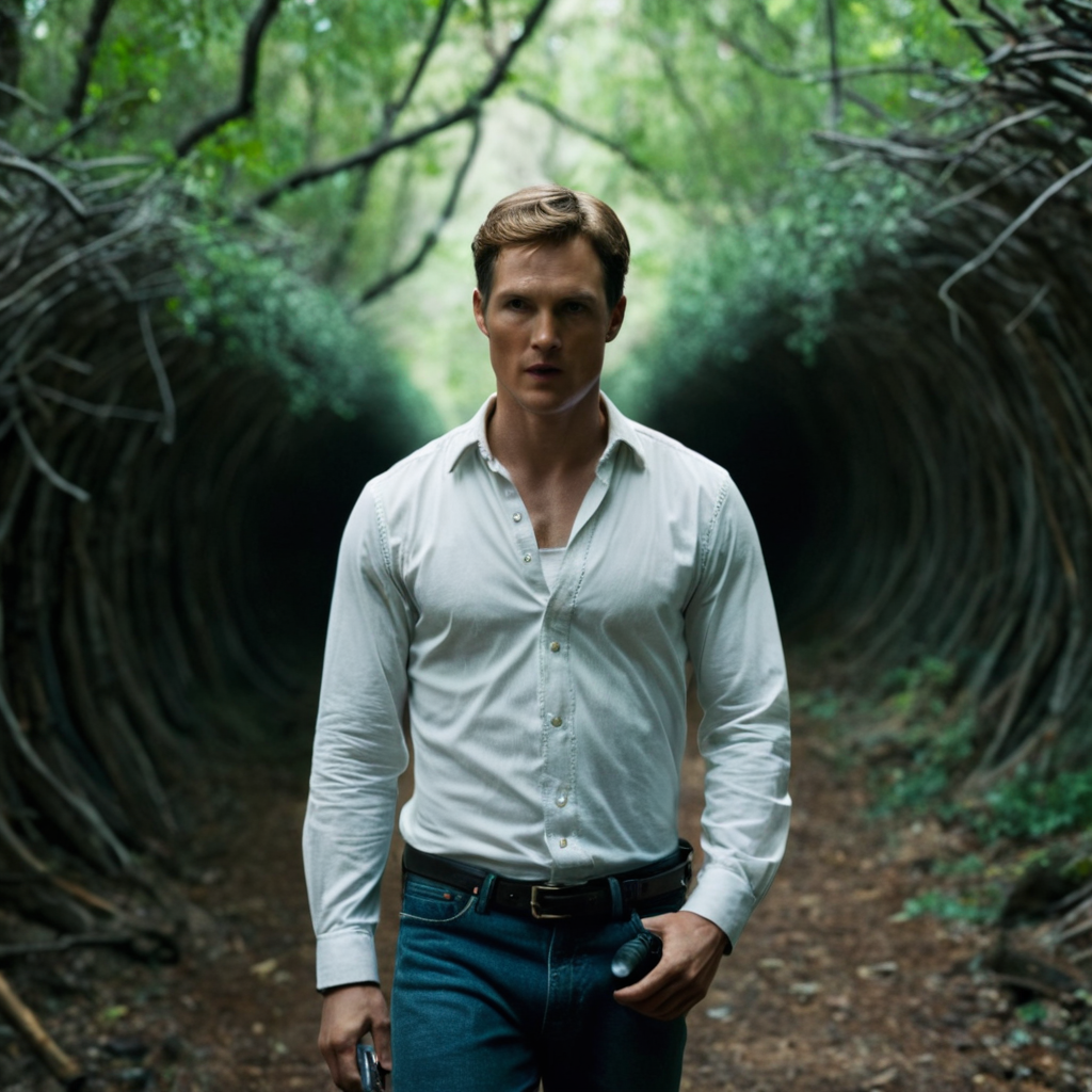 cinematic film still of cinematic film still of  <lora:add-detail-xl:1>0
<lora:detailed:0.3>
<lora:perfection style:0.3>
<lora:xl_more_art-full_v1:0.3>
 <lora:true detective style:1>
a man standing in a tunnel of sticks,solo,shirt,long sleeves,1boy,standing,white shirt,male focus,outdoors,pants,blurry,tree,nature,forest,jeans , sharp, detailed, epic photography, artistic, dramatic light, cinematic style, film style, 
true detective style, shallow depth of field, vignette, highly detailed, high budget, bokeh, cinemascope, moody, epic, gorgeous, film grain, grainy