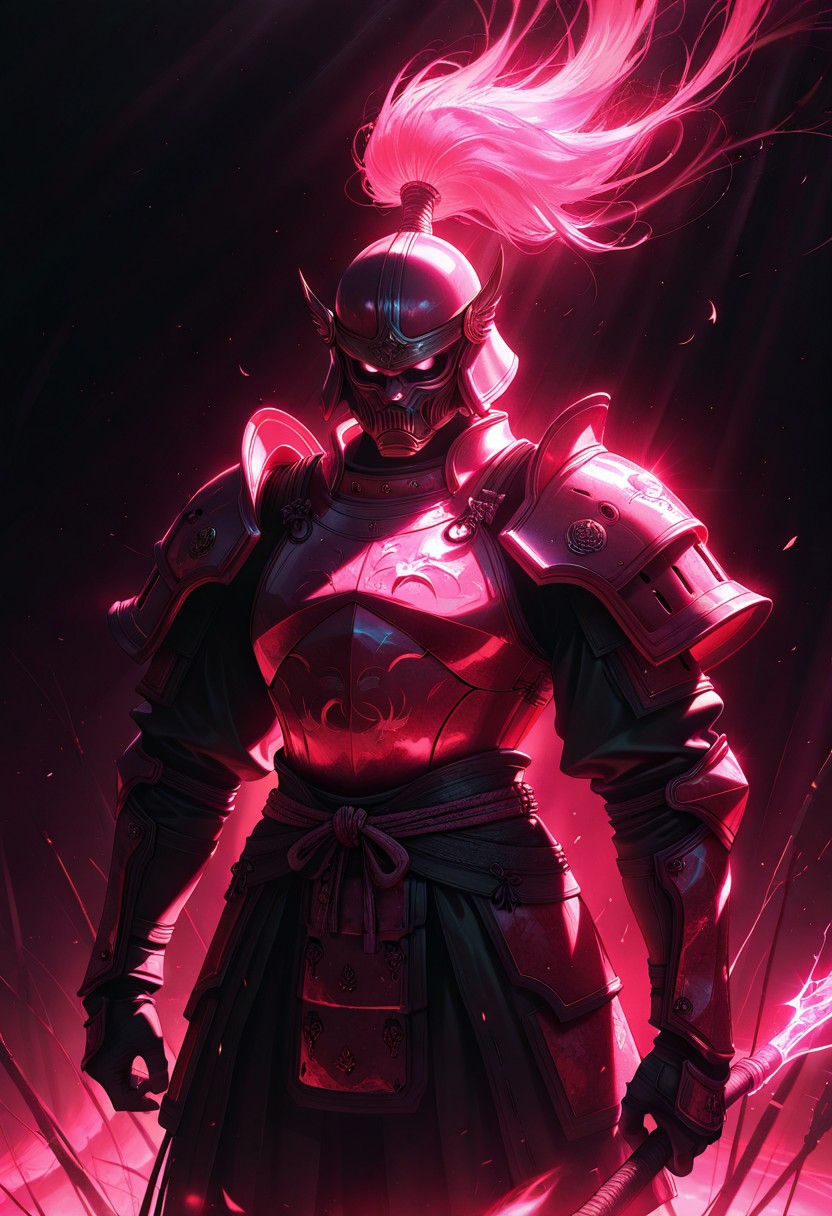 best quality, masterpiece, highly detailed, 
 cutout, cowboy shot ,  luminescent background, ,surreal lighting,  samurai , red and pink armor , war hammer