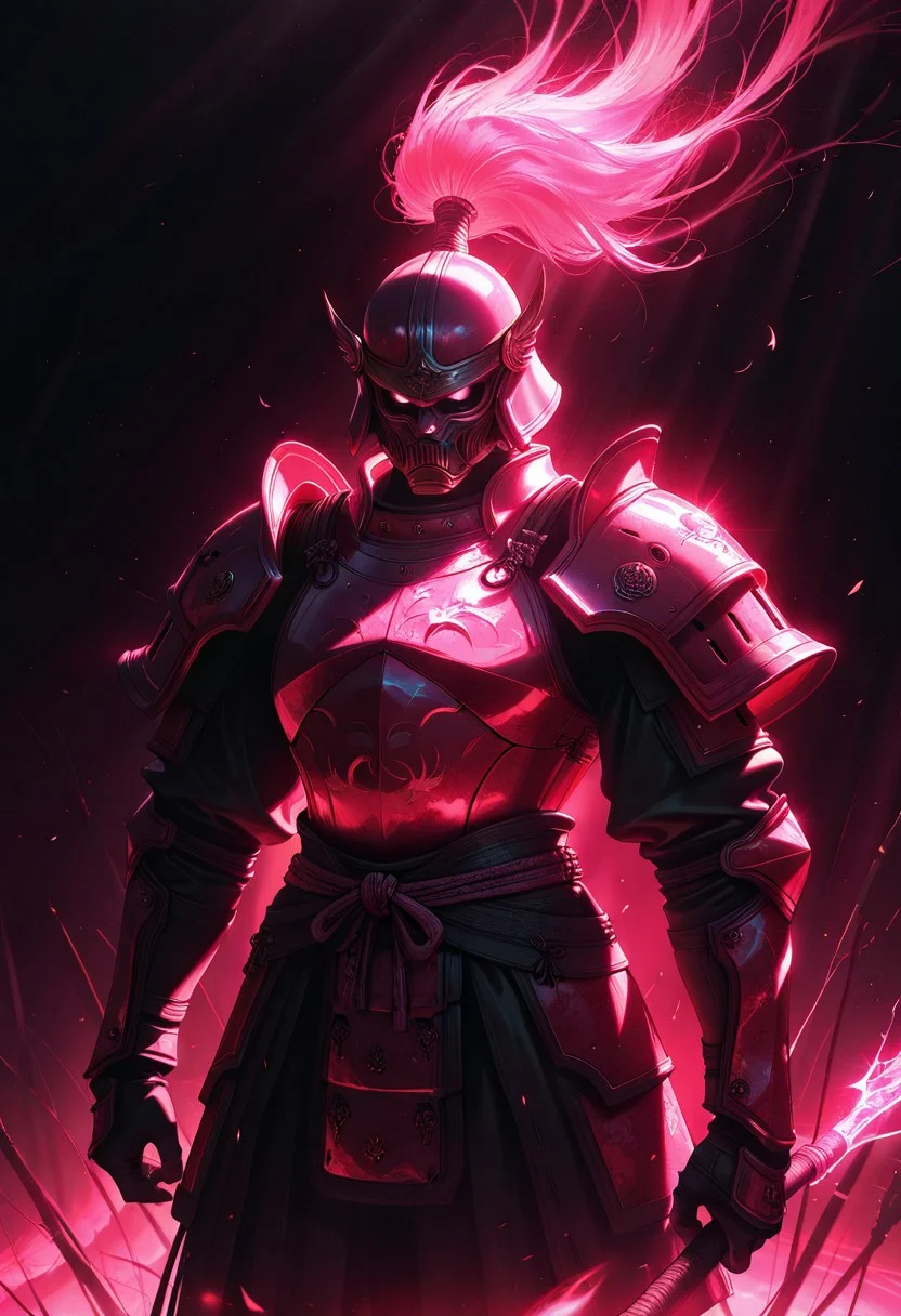 best quality, masterpiece, highly detailed,
cutout, cowboy shot , luminescent background, ,surreal lighting, samurai , red and pink armor , war hammer