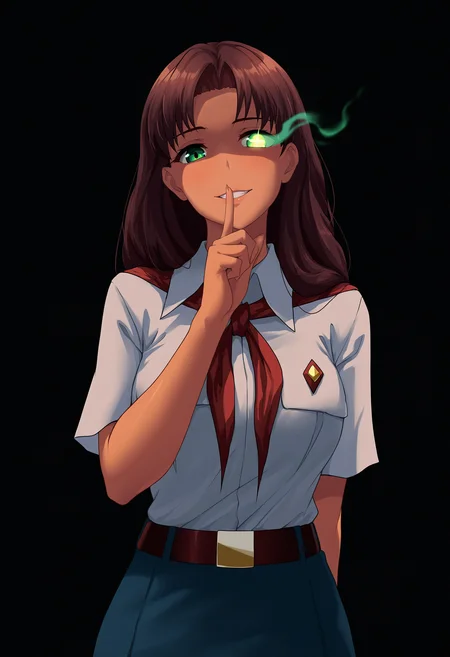 masterpiece, best quality, amazing quality, very awa,
 <lora:Everlasting Summer - Olga Dmitryevna v1 - NoobAI 1.0 V-Pred:1> olgadm, 1girl, long hair, brown hair, solo, green eyes, breasts, red neckerchief, blue skirt, belt, white shirt, mature female, (tan:0.8),
  1girl, solo, portrait, (red theme), (((dark theme))),  glowing, (glowing eye),  short sleeves, looking at viewer, parted lips, peeking, greeneyes, , symbol-shaped pupils,  (smile), teeth, (shushing), black background, dark background, masterpiece, best quality, amazing quality, very awa, absurdres, very aesthetic, year 2024,