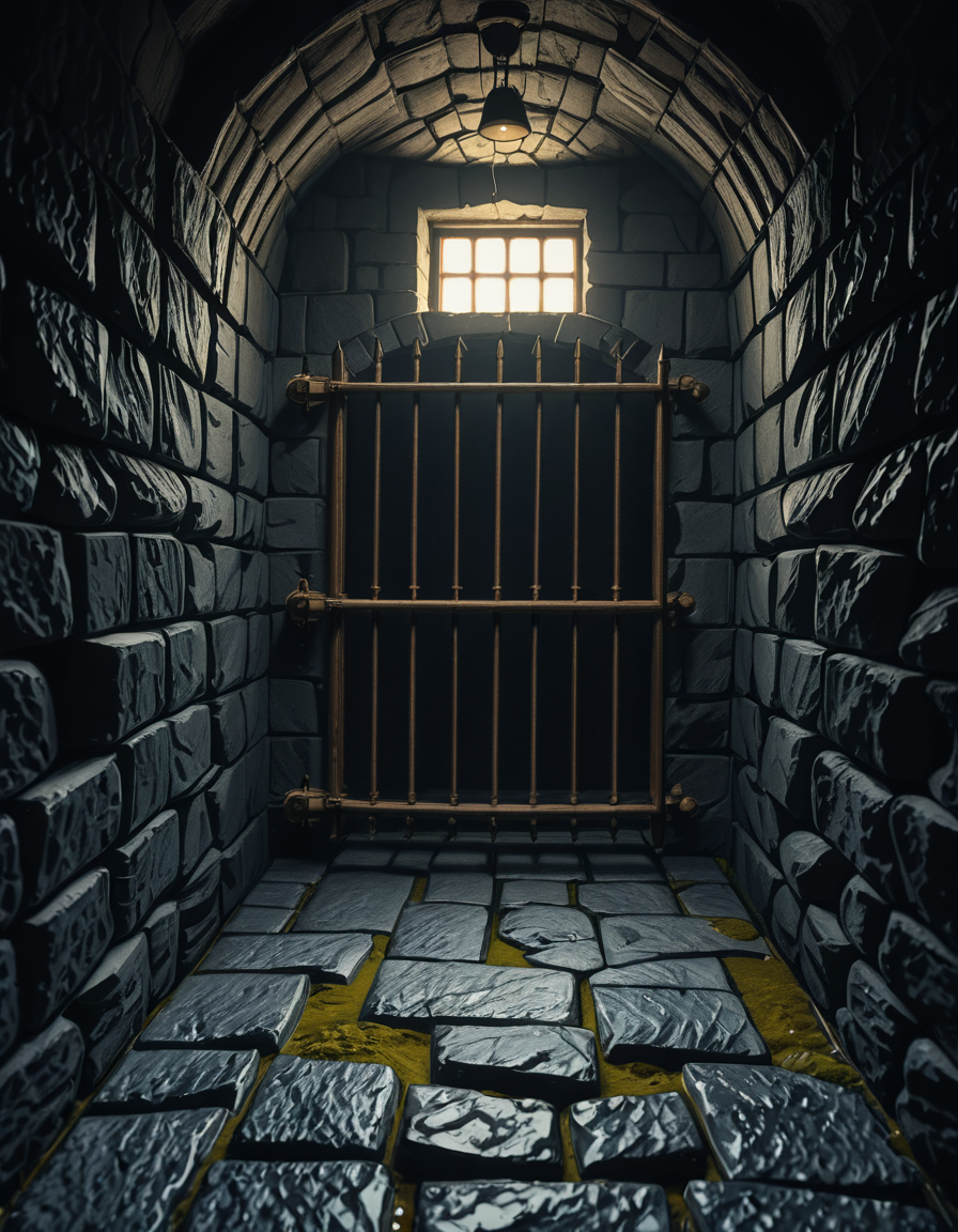 A highly detailed, hyper-realistic photograph of a dark medieval dungeon prison cell. The scene is dimly lit by a single flickering torch mounted on a damp stone wall, casting eerie shadows across the rough, moss-covered stones. Heavy, rusted iron bars form the cell door, slightly ajar, with visible corrosion and ancient padlocks. Inside the cell, there is a straw-covered floor, old wooden buckets, and a crude, splintered wooden bench against the back wall. Chains and manacles hang loosely from the walls, showing signs of long-term use. The atmosphere is cold, humid, and oppressive, with faint light rays piercing through tiny cracks in the stone ceiling. Cobwebs stretch across the corners of the cell, and faint water drips from above, creating small puddles. The overall mood is grim, desolate, and foreboding. Photorealistic style, with high dynamic range (HDR) lighting and extreme attention to textures like rust, moisture, and decay.
<lora:SDXLFaeTastic2400:0.4> <lora:extremely_detailed:0.4> extremely detailed,medieval dungeon pr1s0n c3ll <lora:medieval_dungeon_pr1s0n_c3ll-i:1>, Masterpiece,best quality,hi res,8k,hi res,8k,award winning,(sharp focus, intricate, highly detailed),