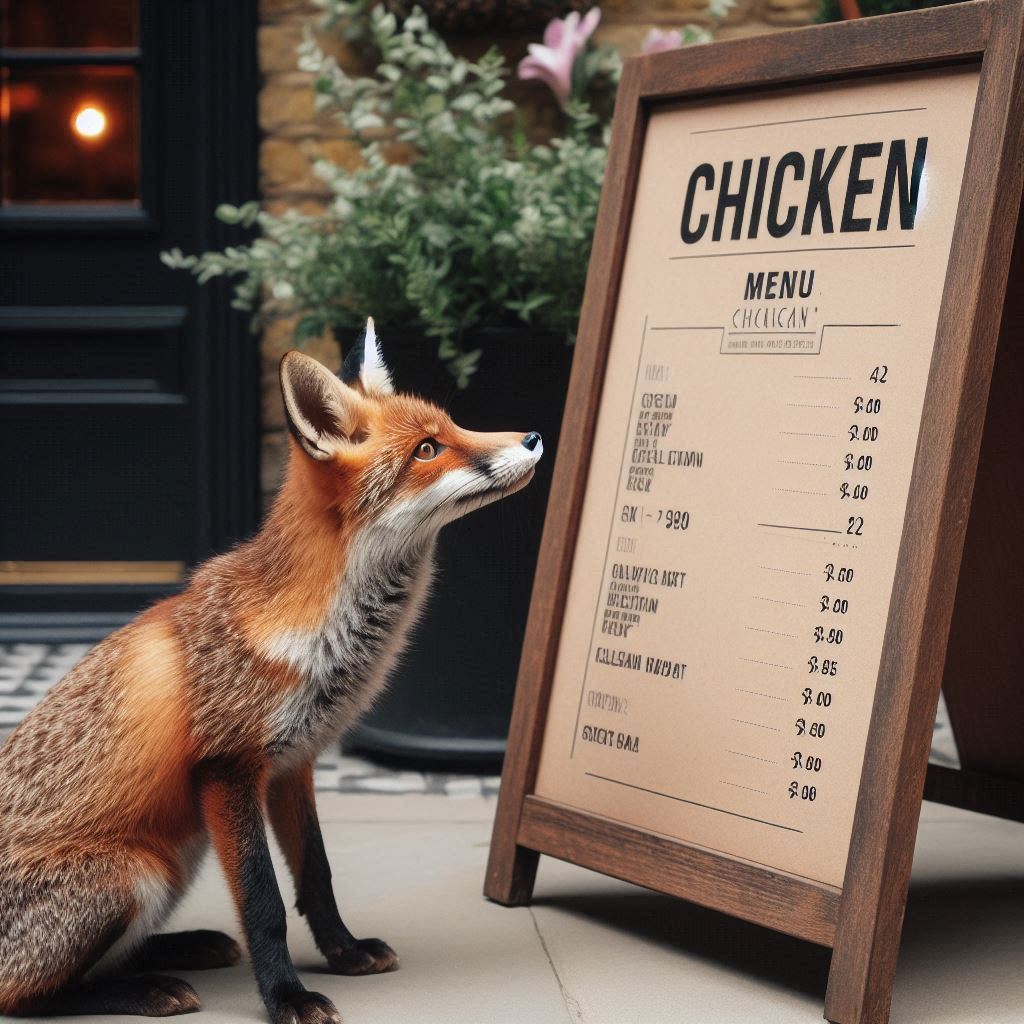 A professional photo, showing a fox outside a restaurant. The fox is investigating a menu board. The board prominently contains the word "chicken" with menu entries listed below it. It is a cozy afternoon.