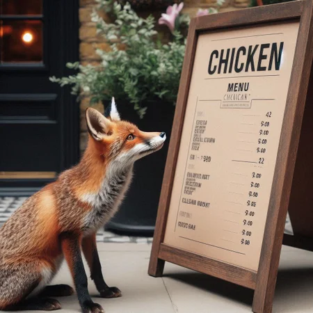 A professional photo, showing a fox outside a restaurant. The fox is investigating a menu board. The board prominently contains the word "chicken" with menu entries listed below it. It is a cozy afternoon.