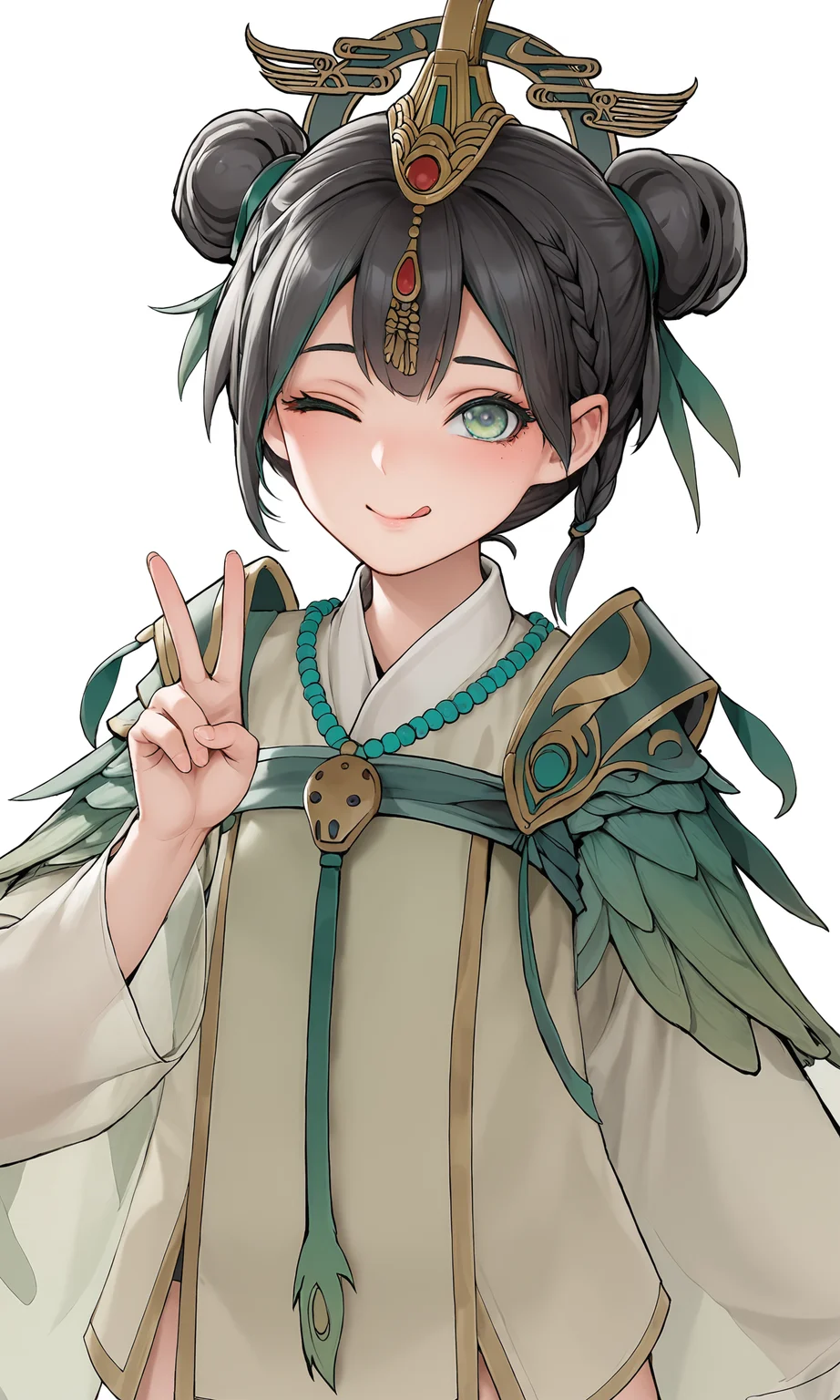 score_9, score_8_up, score_7_up, game cg,
from above, 
dfmq, 1girl, solo, looking at viewer, green eyes, double bun,  see-through, long sleeves,  braid, necklace, black hair,
v sign, 
smile, closed mouth, blush,  shy, one eye closed, tongue, 
simple background, white background,
<lora:DongFangMuQing_PonyXL:1>