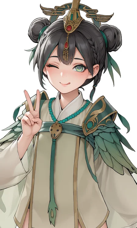 score_9, score_8_up, score_7_up, game cg,
from above,
dfmq, 1girl, solo, looking at viewer, green eyes, double bun, see-through, long sleeves, braid, necklace, black hair,
v sign,
smile, closed mouth, blush, shy, one eye closed, tongue,
simple background, white background,
<lora:DongFangMuQing_PonyXL:1>