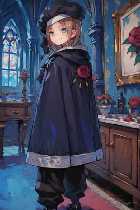 (score_9, score_8_up, score_7_up, score_6_up), source anime, BREAK, <lora:Roswell_Branthese:0.75> , RoswDef, 1boy, brown hair, blue eyes, black beret, black cloak, blue uniform, black gloves, black footwear, puffy pants, black pants, rose, closed mouth, smile, interior, bedroom, (from behind), looking at viewer, seductive, solo, <lora:zy_Detailed_Backgrounds_v1:0.5> , detailed background, highly detailed, <lora:cr33pp41ntXLP:0.8> , cr33pp41nt,