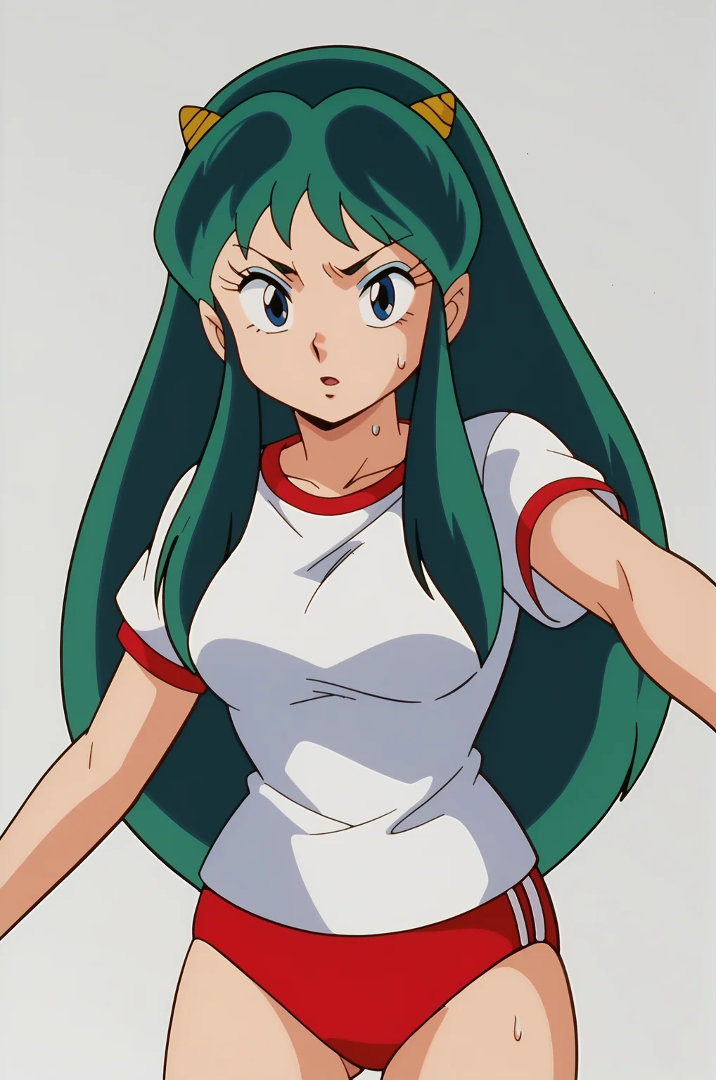score_9, score_8_up, score_7_up, source anime, anime, animification, anime screencap, anime coloring, vivid colors, shiny skin, skindentation, deep skin, depth of field, high quality, highres, (dynamic angle,dynamic pose),
lumpierrot, 1girl, solo, long hair, blue eyes, simple background, shirt, white shirt, short sleeves, sweat, green hair, horns, makeup, eyeshadow, gym uniform, buruma, retro artstyle, red buruma, lum
BREAK
masterpiece,high quality
 <lora:Lum_Pierrot_StylePony:0.9>