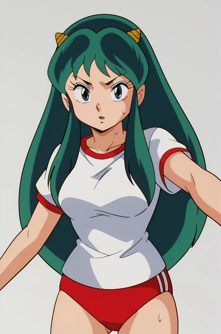 score_9, score_8_up, score_7_up, source anime, anime, animification, anime screencap, anime coloring, vivid colors, shiny skin, skindentation, deep skin, depth of field, high quality, highres, (dynamic angle,dynamic pose),
lumpierrot, 1girl, solo, long hair, blue eyes, simple background, shirt, white shirt, short sleeves, sweat, green hair, horns, makeup, eyeshadow, gym uniform, buruma, retro artstyle, red buruma, lum
BREAK
masterpiece,high quality
<lora:Lum_Pierrot_StylePony:0.9>