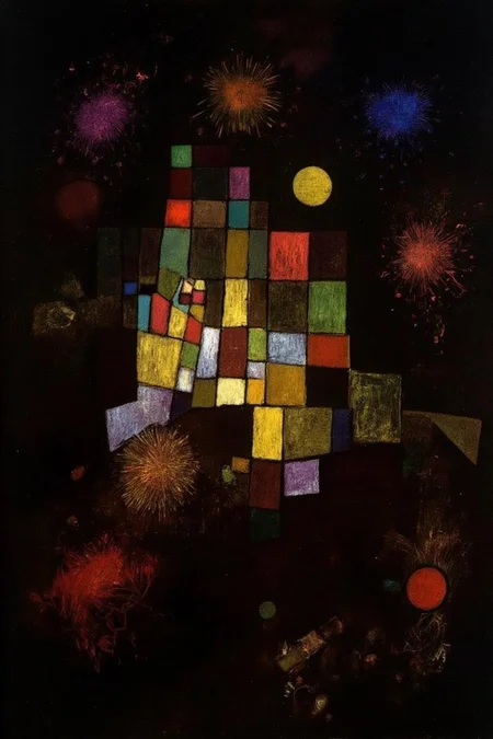 paulklee1 painting. A chaotic depiction of a cityscape lit up by colorful fireworks all around it. <lora:paulklee1_cap_d8a4e12:1.0><lora:839853405880184514:0>