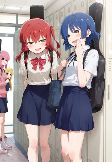 great quality,(almic,akakura,ogipote:0.9), (sincos,dikko:0.75),great quality,absurdres,wide shot, yamada ryo,4girls,bocchi the rock, gotoh hitori, kita ikuyo, ijichi nijika, yamada ryo,  multiple girls, pink hair,red hair,blue hair,yellow hair,,(very aesthetic,highres),,getabako, upper body,hand on locker, ,holding School bag,,guitar case,legs,,blue skirt,,feet out of frame,laughing,smile,red eyes,yellow eyes,pink eyes,blue eyes