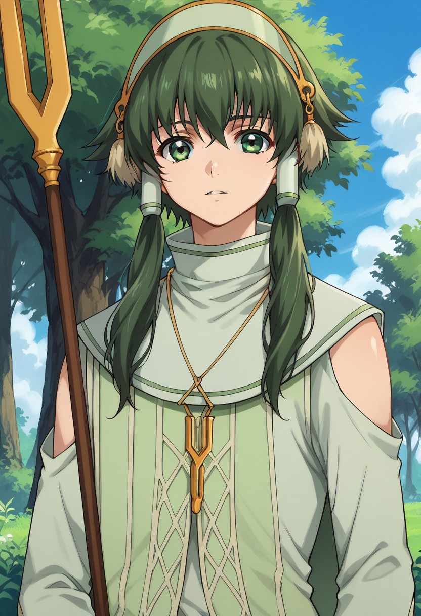 score_9, score_8_up, score_7_up, source_anime, highly detailed, 
fonion, male focus, 1boy, solo, green hair, hair tubes, sidelocks, green eyes, short hair with long locks, jewelry, vest, green vest, hairband, necklace, upper body, staff, hold, holding staff,
outdoor, sky, tree