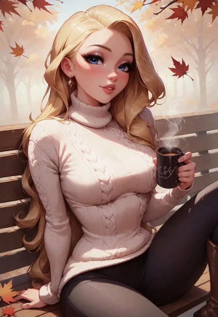 safe_pos, sexy 20 year old, ((long blonde hair)), very thick puffy lips, thick glossy lips, feminine makeup, long eyelashes, eyeliner, hourglass figure, medium breast, perky breast, ((large white fancy sweater)), ((long white sweater)), untucked sweater, ((Black yoga pants)), ((brown boots)), oily skin, flirty, feminine, seductive, alluring, ((flirting)), white skin, bright lighting, detailed eyes, ((big expressive blue eyes)), feminine posture, score_9, score_8_up, score_8, sitting on bench, autumn leaves, holding coffee mug