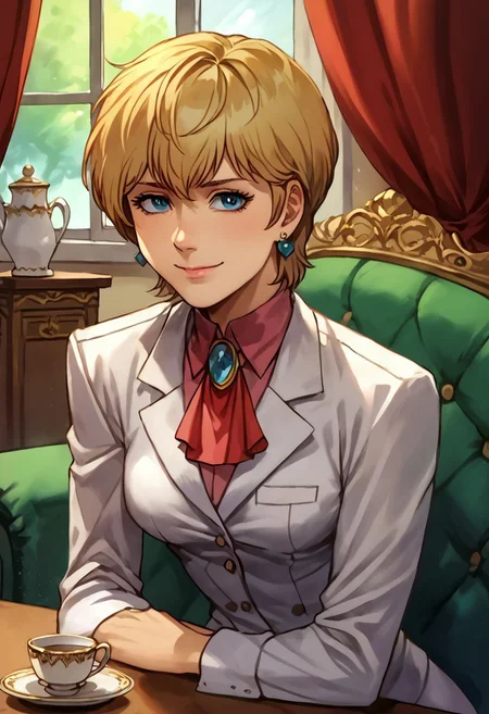 score_9, score_8_up, score_7_up, source_anime,
, (best quality) , (highly detailed) ,masterpiece ,absurdres ,detailed face ,beautiful face , (masterpiece, best quality, very aesthetic, ultra detailed), intricate details, 4k,
Hildegard,score_9,score_8_up,1girl,female,kawaii,solo,short ,feminine, hair,earrings,suit,white collared small breasts, shirt,ascot,brooch,upper_body,looking_at_viewer,smile,closed mouth,sitting,couch,table,window_,curtains,stretching your spine,cup,teacup,saucer,parody,
OverallDetail