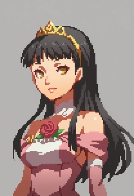 score_9, score_8_up, detailed, absurdres, extreme_quality, anime style, portrait, upper body portrait, slight side angle, medium breasts, rpg portrait, rpg, portrait, , shadow, plain background, light grey background, , upper body focus, face focus, looking at viewer, slight smile, p4yukiko, amagi yukiko, long hair, black hair, bangs, hairband, , long hair, p4yukiko-shadow, yellow eyes, tiara, ballgown, pink ballgown, pink dress, bare shoulders, flower, rose, red rose, elbow gloves,