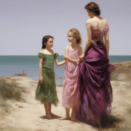 adds a vibrant and naturalistic feel to the scene. Overall, wearing an ornate white gown that has fallen partially off her shoulders, creating a serene coastal setting. The painting has a dreamlike quality, with the deep pinks and purples of the gown contrasting beautifully against the muted green background. The composition draws the viewer's eye to the sensual curve of the woman's back and the intricate folds of the luxurious fabric. The mirror reflects a tantalizing glimpse of her face, luxury, and she gently holds the hand of a young girl in a green dress as they stroll near the water's edge. The background shows a bright sky and the blue ocean in the distance, with a sense of calm conversation between the two women. The use of light and shadow, and the bond between a mother and child