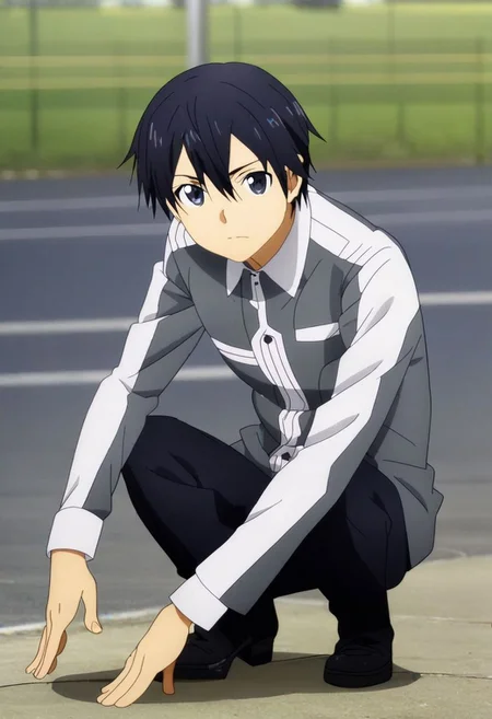 high resolution, professional photography, solo, best quality, 1Boy, Kazuto Kirigaya, Black Hair, Black Eyes, lofi, candid, squat, depth of field, photo model, looking at viewer, OverallDetail