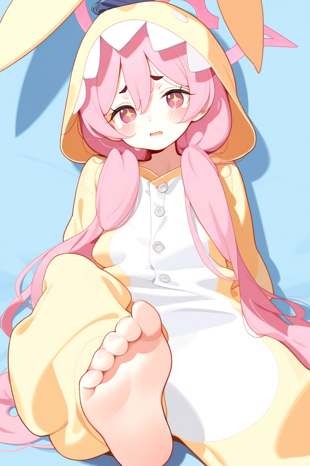 1girl,koyuki_(pajamas),halo,pink hair,animal costume,symbol-shaped pupils,pink eyes,
[tianliang duohe fangdongye],(artist:ke-ta:0.8),(nanakusa yomogi:0.7),(qizhu:0.8),
year_2023,foreshortening,highres,high definition,absurdres,amazing quality,best quality,masterpiece,very aesthetic,masterpiece,simple background,
,foot focus,sitting,blush,arms_behind_back,tears,<lora:koyuki_pajamas_noob-000027:1>