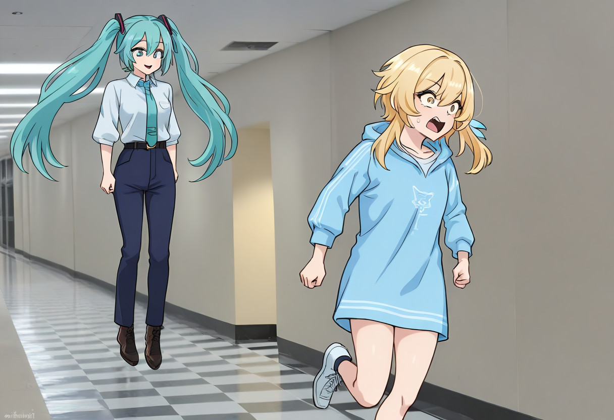 (masterpiece, high quality, amazing detail), highres, 2girls, floating boy chasing running boy meme, <lora:floating_chasing_meme:1>
BREAK
{(lumine (genshin impact), yellow hair, floating)}
BREAK
{hatsune miku, running, open mouth}