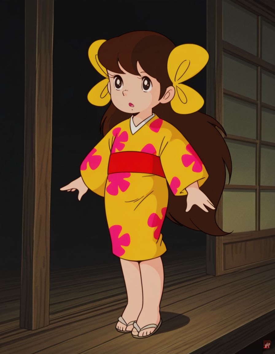 masterpiece, best quality, 
<lora:Sakura:1>, saku4a, long hair, brown hair, black eyes, yellow kimono, multiple hair bows, 1980s \(style\),