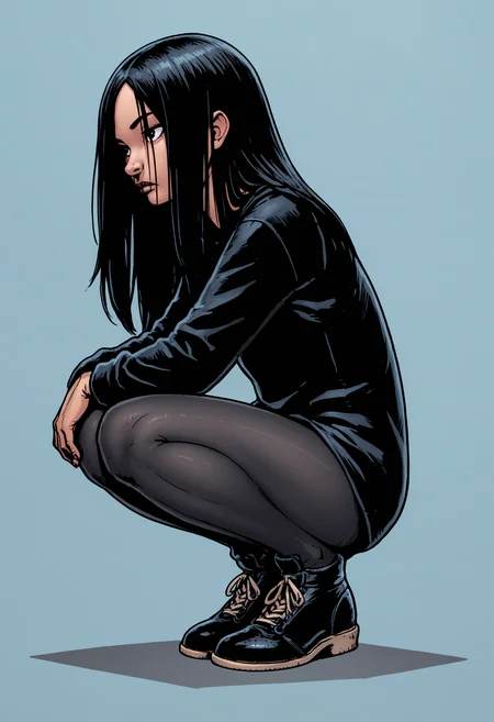 score_9, score_8_up, score_7_up, score_6_up, score_5_up, score_4_up, source_western, source_cartoon, 1girl, <lora:TheFemale:0.85> small breasts, black eyes, black hair, long hair, black shirt, tights, black footwear, full body, (side view), squatting,
light blue background, simple background,