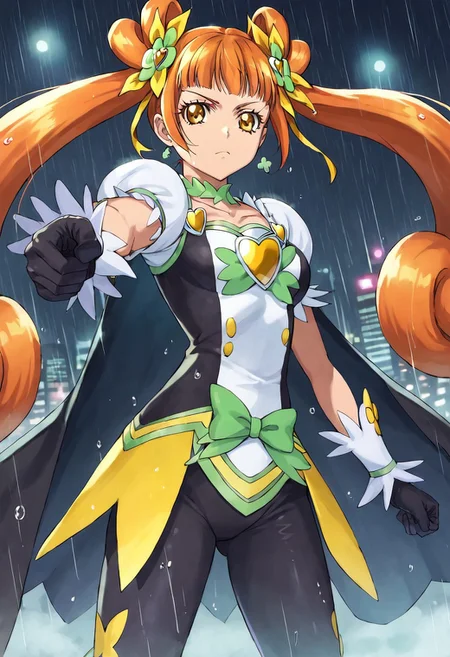 masterpiece,best quality,highly detailed,score_9,score_8_up,score_7_up,score_6_up,source anime,
BREAK ,1girl, curerosetta, solo, cape, black cape, black bodysuit, black gloves,looking at viewer,Epic pose, Standing girl, Closed fists, Serious expression, Dramatic lighting, Rainy night, Cityscape background, Heroic stance, Intense look, Wet streets, Night city lights, Rain falling, Power stance