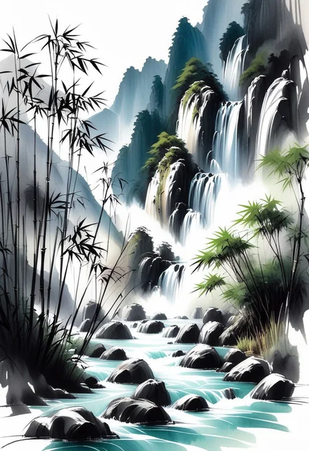 inksketch, landscape, mountains, bamboo forest, waterfall, river, mist,