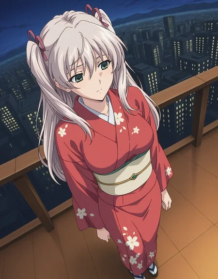 masterpiece,best quality,very aesthetic,zPDXL,2023,anime style,huge filesize,wallpaper,anime screencap,
BREAK <lora:suvia_v5-000018:0.8>,suviav5,1girl,solo,long hair,ribbon,hair ribbon,green eyes,two side up,breasts,twintails,medium breasts,grey hair,17-year-old girl,(a domineering girl:1.3),skinny,standing,dynamic_angle,close-up,macro_shot,fullbody,city,(kimono:0.5),hair bun,yukata,print kimono,furisode,