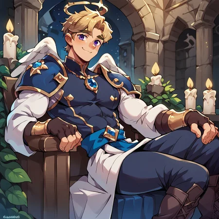 8k, score_9, score_8_up, score_7_up, masterpiece, 1boy, N0AH, muscular twink, broad shoulders, slim waist, lean, young, handsome, cute face, blonde hair, purple eyes, white angel wings, halo,
intricate white robe, shoulder pads, blue capelet, blue sash, sapphire amulet, fingerless gloves, bracers, thighhigh boots,
shy, smile,
cathedral ruins, indoors, in the night, nighttime, moon, lit candles. dark city in the background,