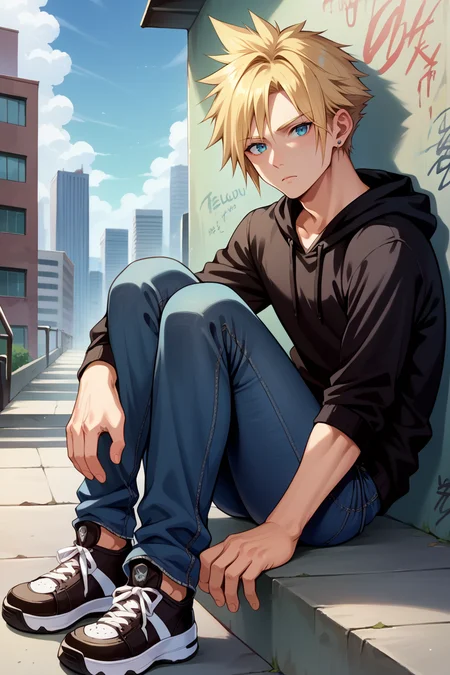 score_9, score_8_up, score_7_up, score_6_up, source_anime, 1boy, male focus, solo BREAK <lora:cloudstrife-pdxl-nvwls-v1-000006:0.9> defCloud, blonde hair, single earring, black hoodie, jeans, sitting, sneakers, stairs, city, graffiti, expressionless, looking at you