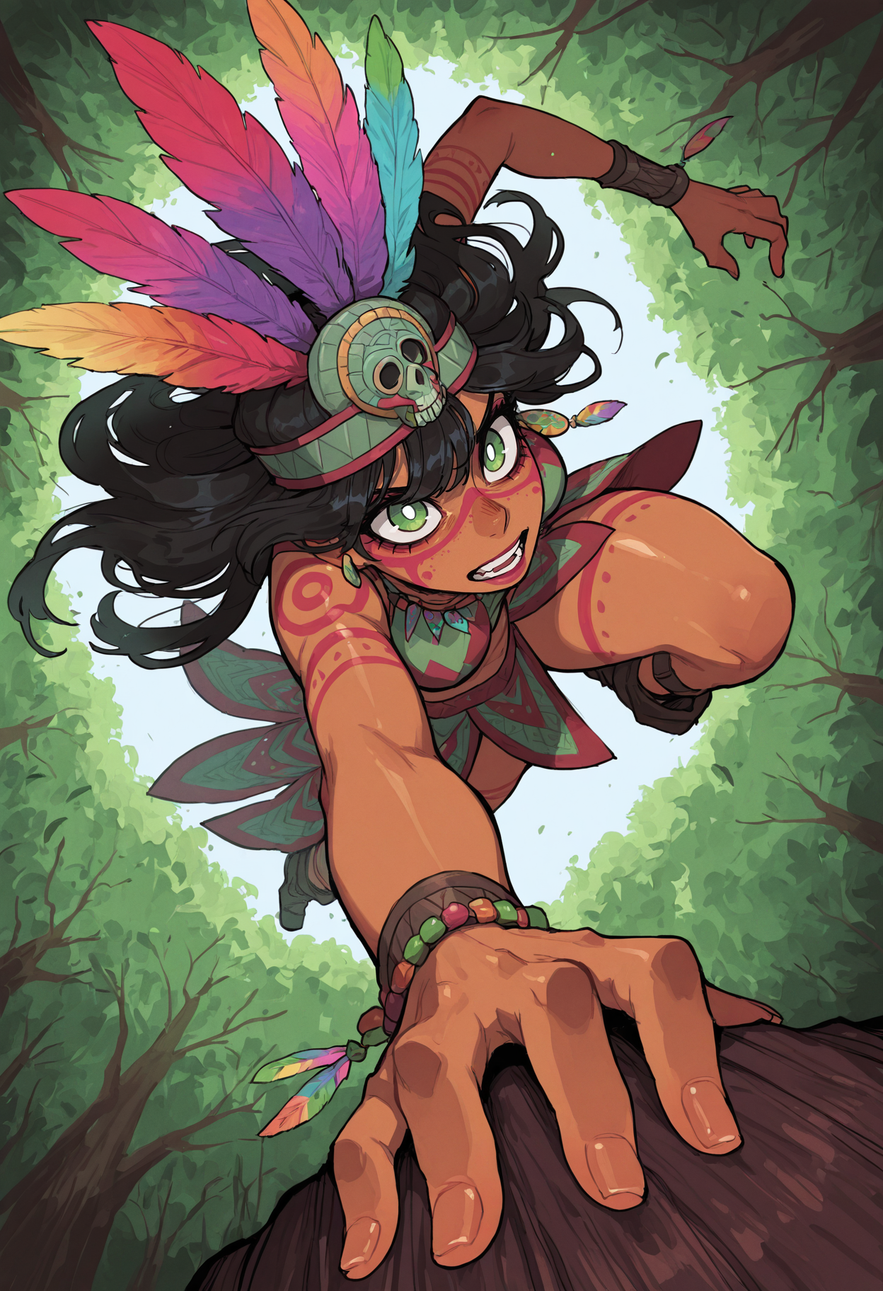 score_9, score_8_up, score_7_up, masterpiece, best quality, very aesthetic, 1woman, incoth, (incase:0.6), detailed face, (dynamic:1), black hair, tan skin, green eyes, white pupils, aztect outfit, body paint, colorful jewelry, colorful feather crown, djungle, sprinting, evading obstacles, jumping over tree trunk, nature, mature,
<lora:r17329_illu:0.35> r17329_illu, <lora:perspective:1> perspective, <lora:Rapscallion_Illustrious:0.35> Rapscallionstyle