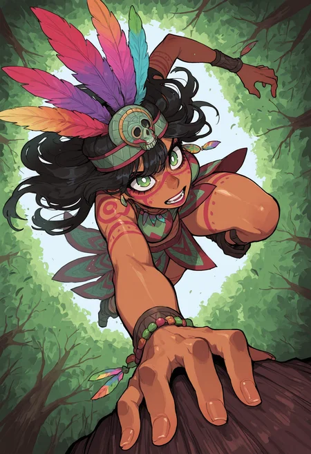 score_9, score_8_up, score_7_up, masterpiece, best quality, very aesthetic, 1woman, incoth, (incase:0.6), detailed face, (dynamic:1), black hair, tan skin, green eyes, white pupils, aztect outfit, body paint, colorful jewelry, colorful feather crown, djungle, sprinting, evading obstacles, jumping over tree trunk, nature, mature,
<lora:r17329_illu:0.35> r17329_illu, <lora:perspective:1> perspective, <lora:Rapscallion_Illustrious:0.35> Rapscallionstyle