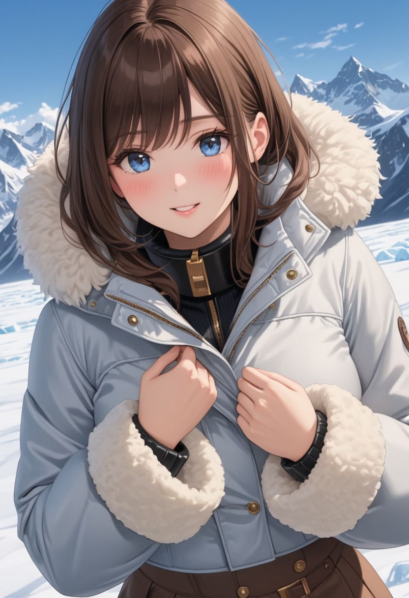 ((((white Oversized shearling down jacket)))), ((((white Oversized shearling puffer jacket)))), ((((white Oversized shearling winter clothes)))), ((((very very cold, in cold)))), ((((semi-realistic)))), ((((puffer hood)))), ((medium knee office skirt, pantyhose, boots)), ((((full length portrait)))), ((sharp eyelid, eyeliner, eyelashes, beautiful detailed eyes, tsurime, long messy brown hair, blue eyes, perfect anatomy)), detailed fingers, solo, smile, standing, icefield, ((((masterpiece)))), ((((best quality)))), ((intricate details)), RAW, 8K UHD, (1girl), office lady, detailed face, beautiful face, charming, bonny, (((blush))), (((heavy breathing))), (((feels orgasm))), wind, (Thick padded collar:1.4), (TSH:1.4), (Thick padded cuffs:1.4)